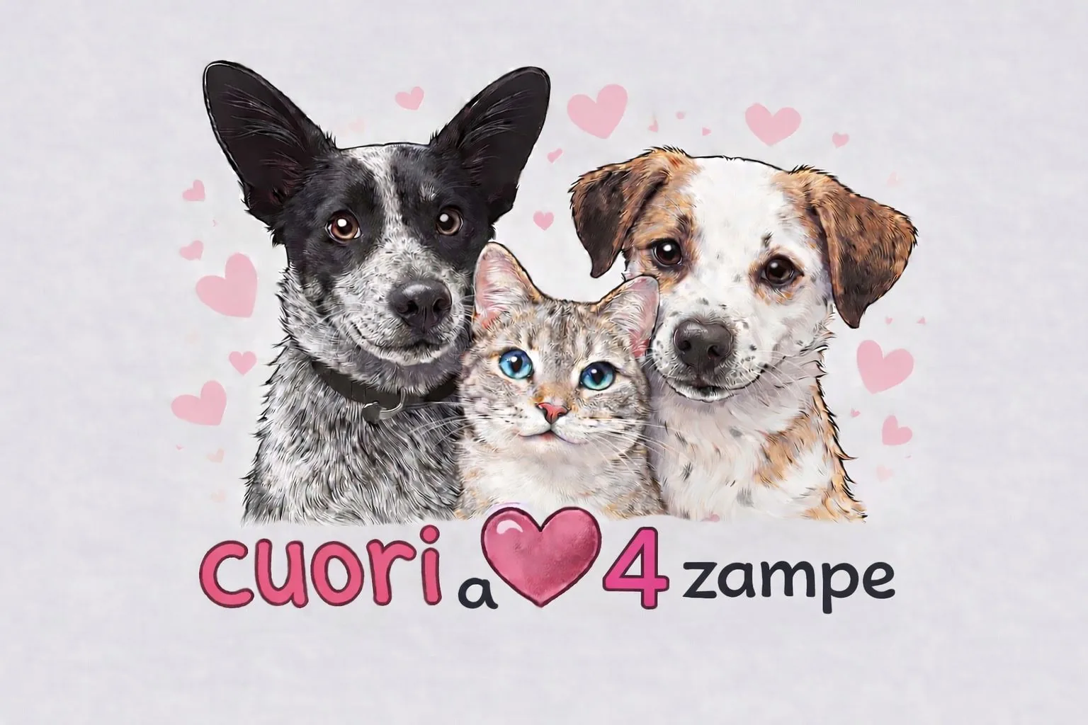 Insegna di Cuori a 4 Zampe, toelettatura per cani e gatti a Brugherio, con due cani e un gatto illustrati